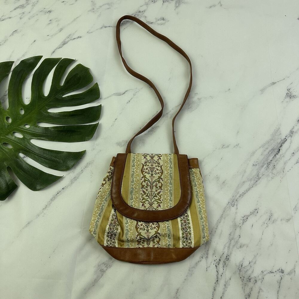 Retro Paris Vintage 90s Cross Body Bag Yellow Floral Tapestry Faux Leather